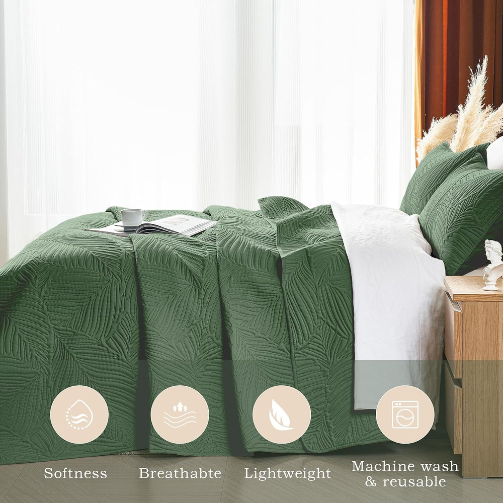 King Quilt Bedding Set Lightweight Soft Olive Green Bedspread Coverlet with L...