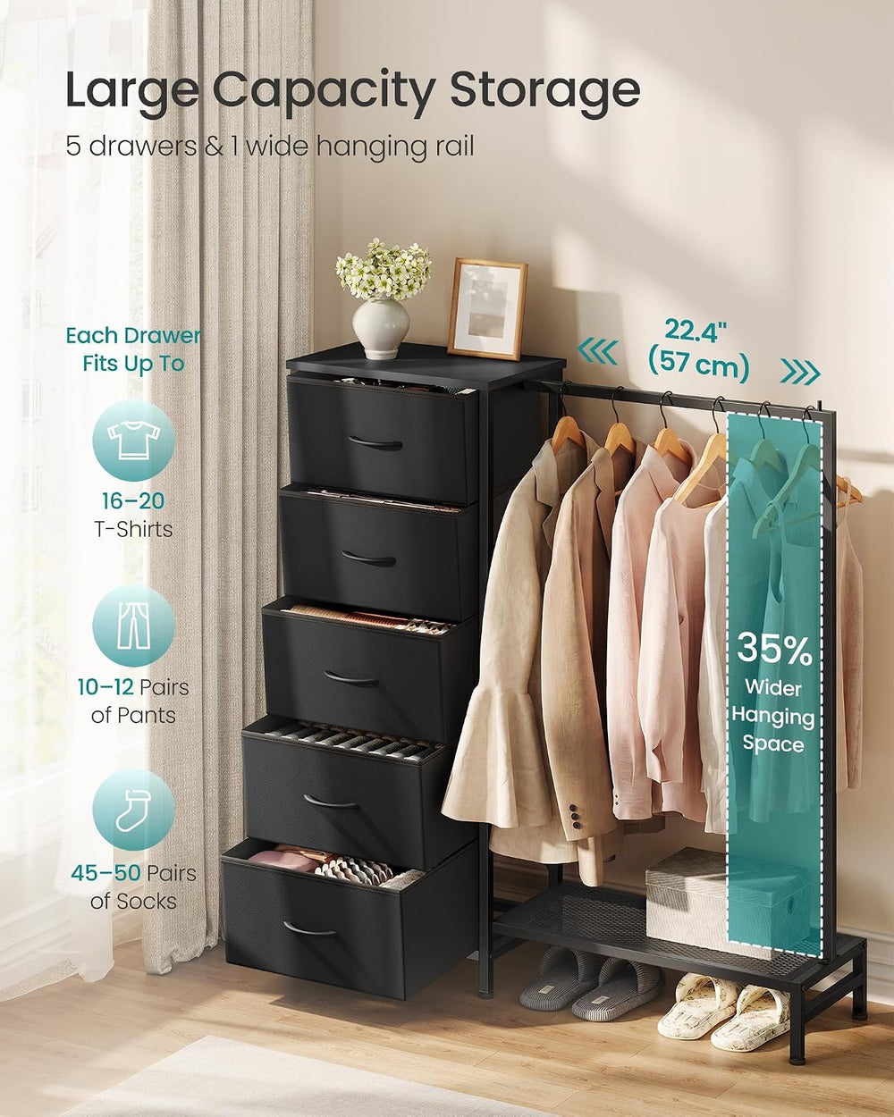 SONGMICS Dresser with Hanging Rod, 5 Fabric Drawers, Bottom Shelf