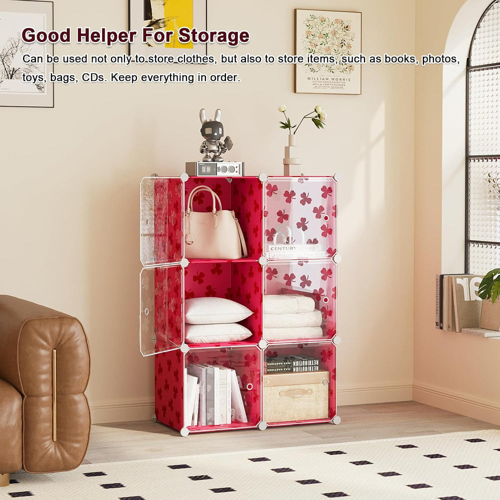 C&AHOME Clover Embossed 6-Cube Storage Organizer with Doors Cube Shelf Red