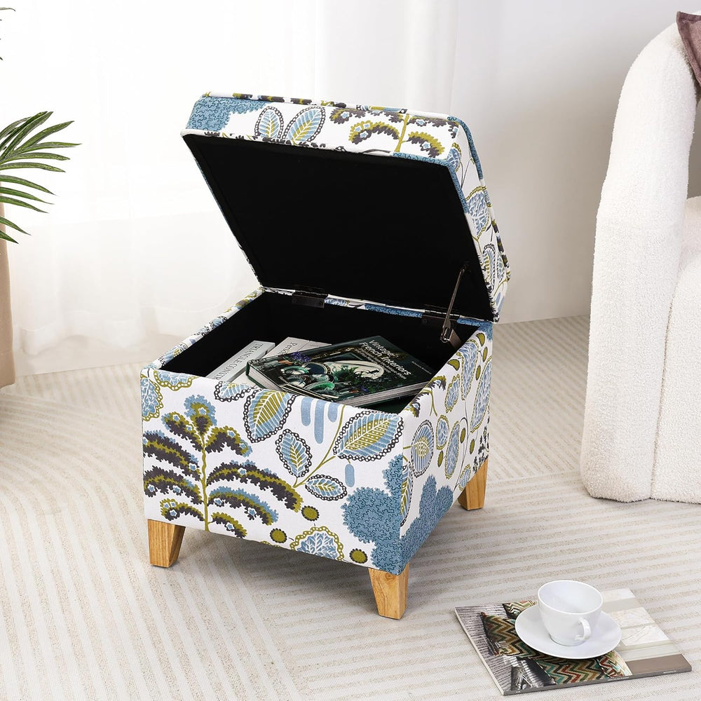 Adeco 18 Inch Linen Storage Ottoman Cube, Upholstered Footstool for Living Ro...