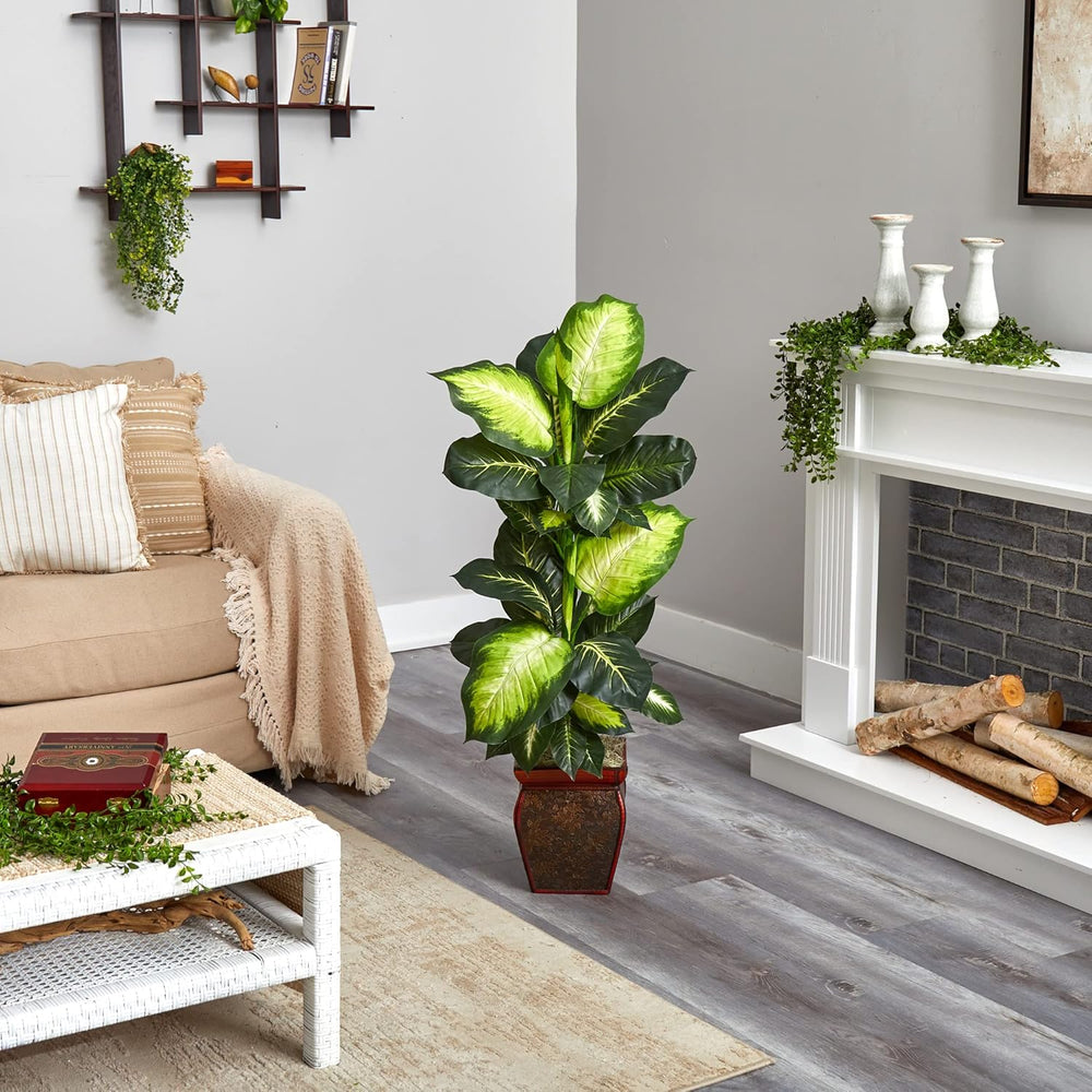Nearly Natural Artificial Dieffenbachia, Floor Plant Faux Greenery With Decor...