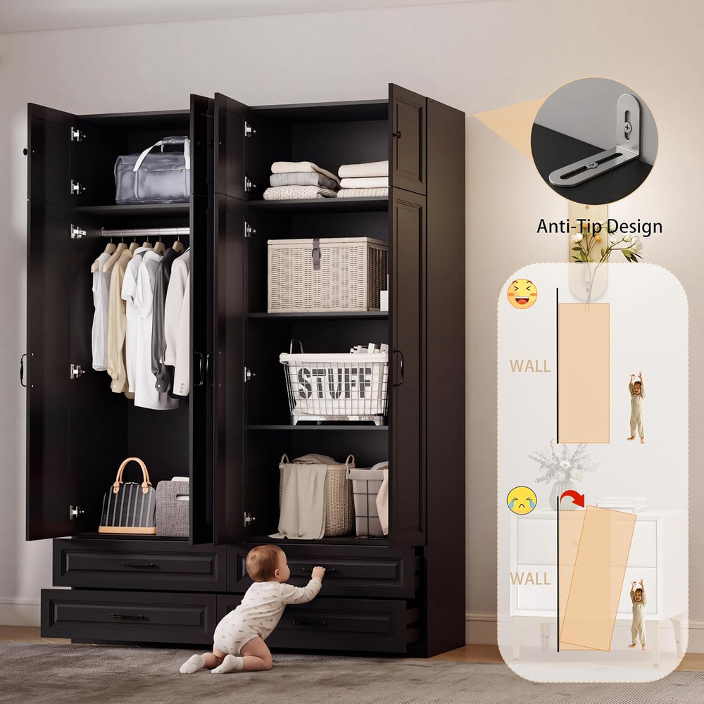 Black Armoires Wardrobe Closet with 4 Drawers and 4 Doors: 88" H