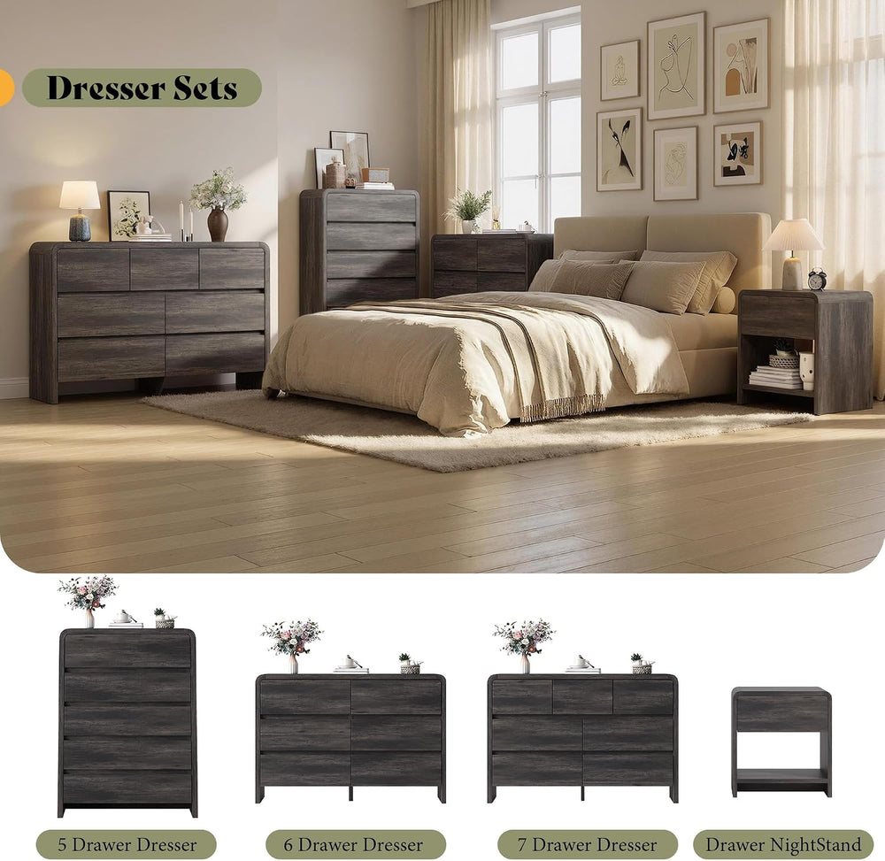 AMERLIFE Modern 3-Piece Bedroom Furniture Set with 7-Drawer Dresser and 2 Nig...