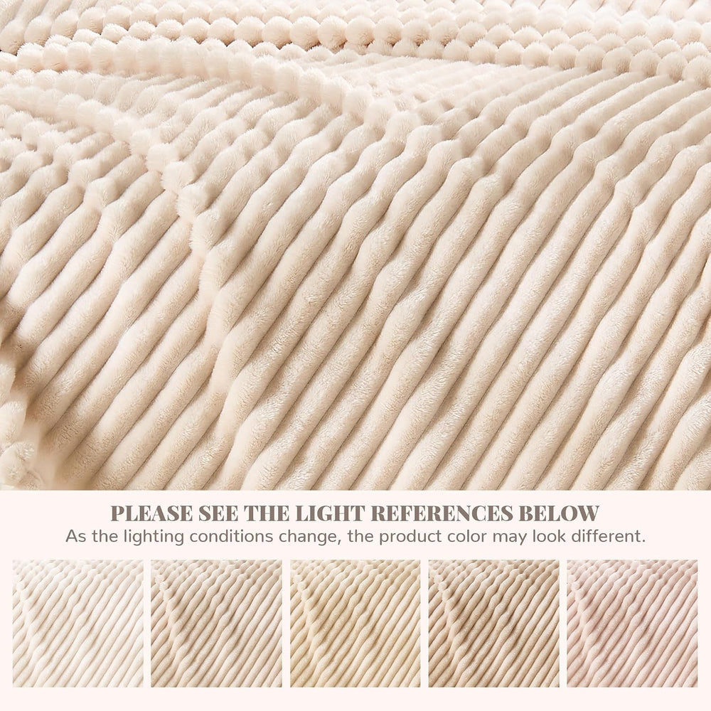 330GSM Ribbed Fleece Queen Blanket for Bed, Cream, 90"x90"