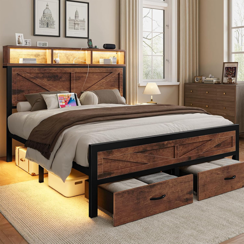 Rustic Full Size Bed Frame with Storage Drawers, Farmhouse LED Full Bed Frame...