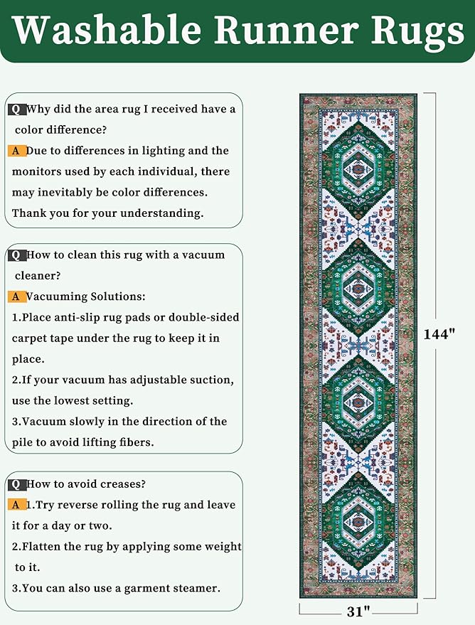 SERISSA Runner Rug for Hallways, Extra Long Boho Rug Ultra Soft Vintage Green
