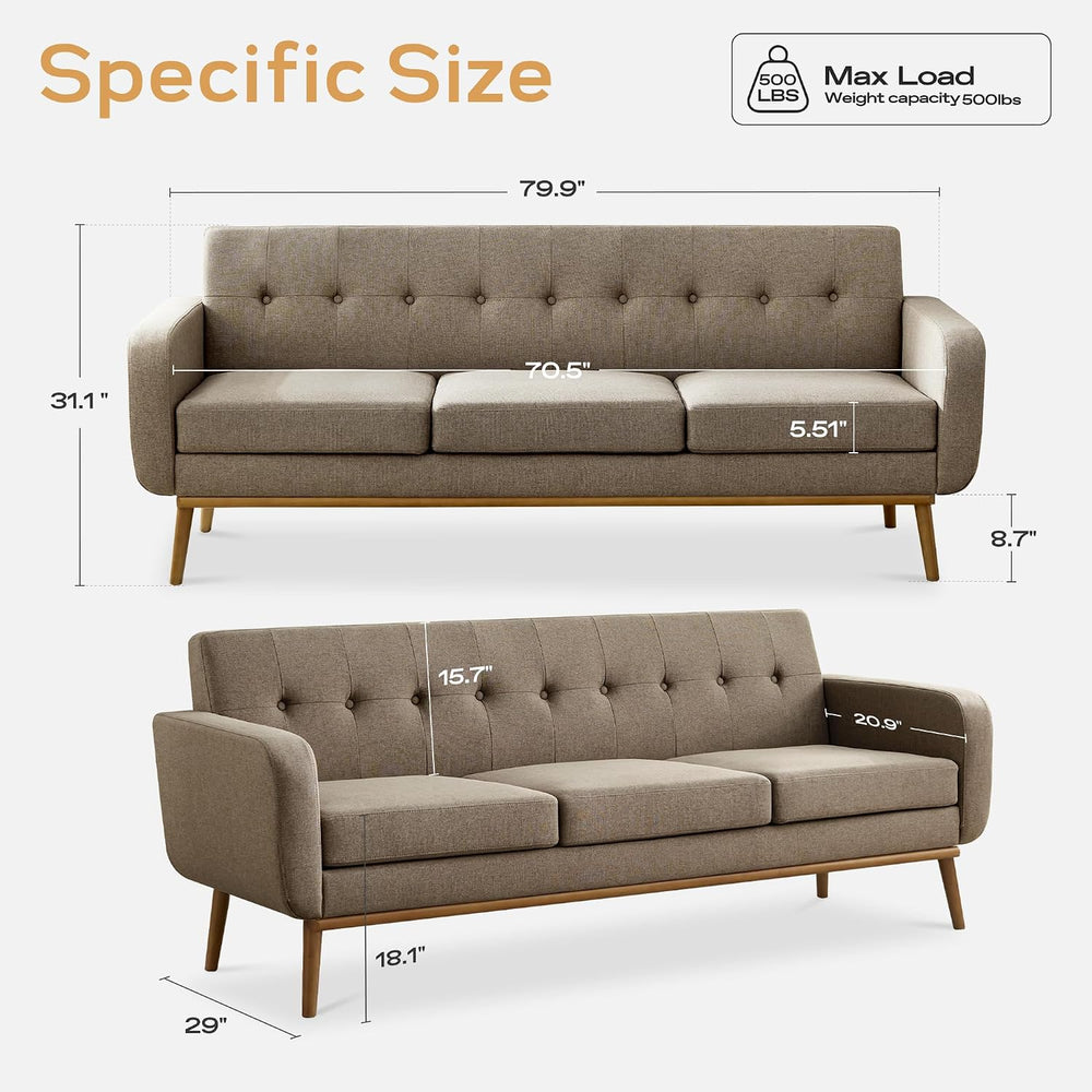 HUIMO 80" Sofa Couch, Loveseat Sofa with Solid Wood Frame (Brown)