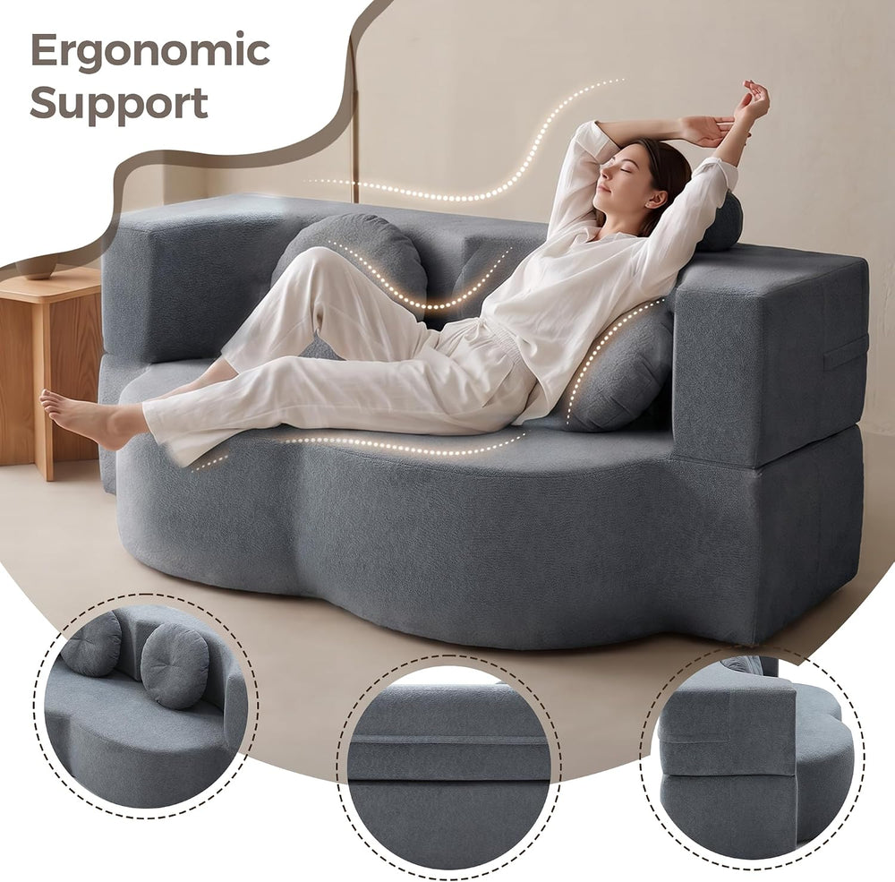 75.5" Boneless Couch Futon Sofa Bed, 2-in-1 Sleeper Sofa, Gray