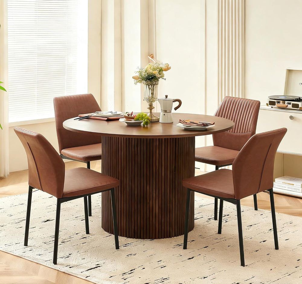 Dining Table Set for 4, 47" Wooden Round Kitchen Table with PU Leather C...
