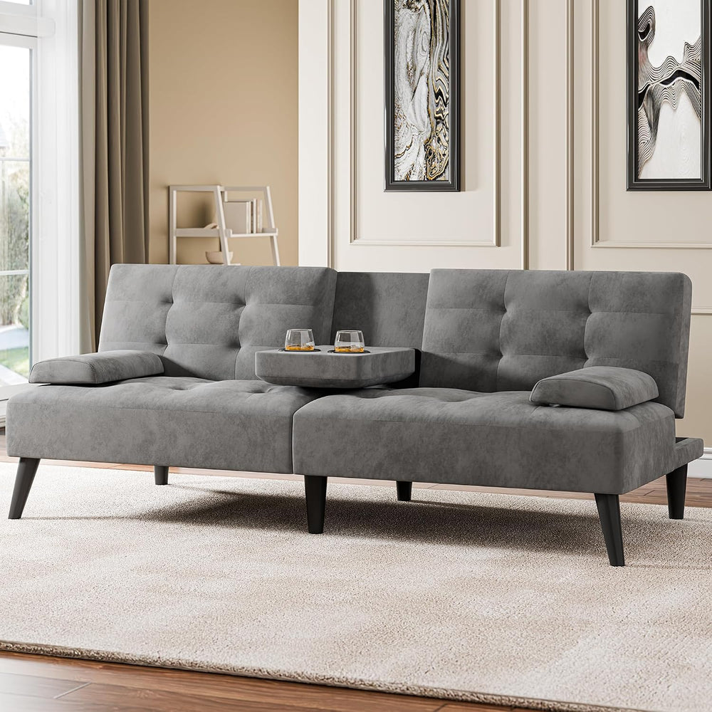 64" Futon Sofa Bed, Small Couch with 2 Cup Holders, Grey