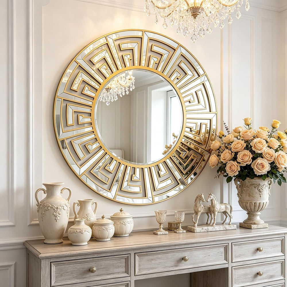 35.5"x35.5" Large Round Mirrors for Wall Decor Living Room, Gold De...