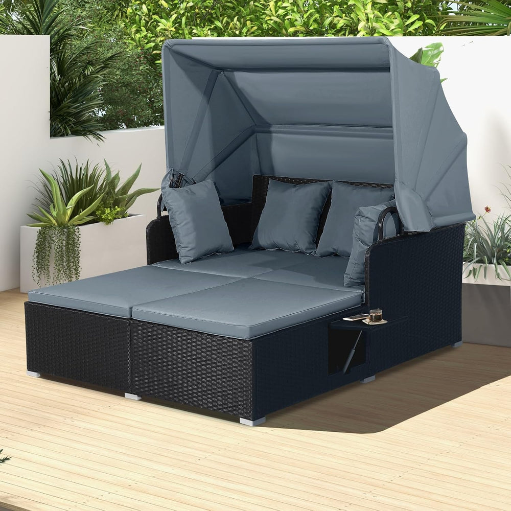 Moccha Outdoor Daybed with Retractable Canopy, Wicker Cabana with 2 Side Tabl...