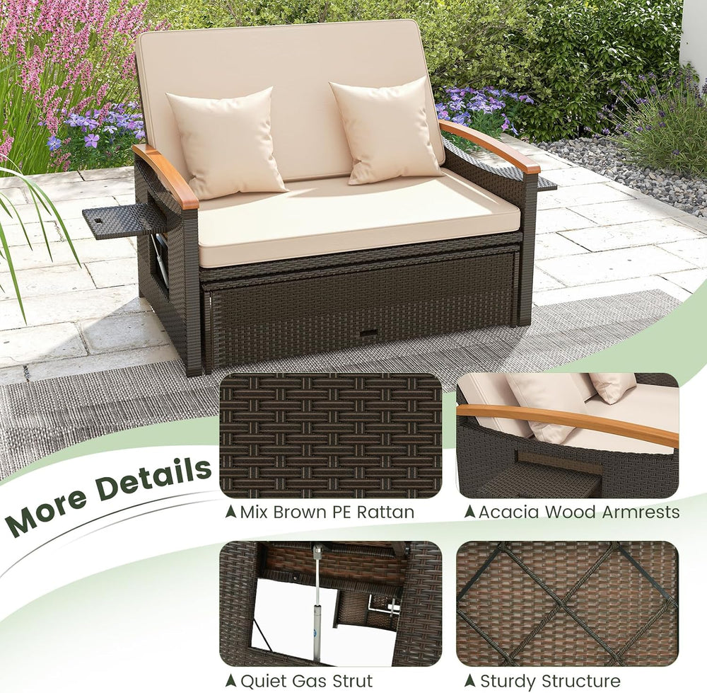 COSTWAY Patio Rattan Daybed, Outdoor Loveseat Sofa with Storage Ottoman