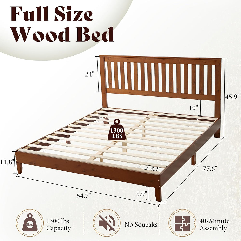 AMERLIFE Solid Wood Full Size Bed Frame with 46" Headboard, Walnut