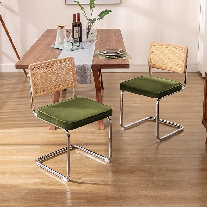 Zesthouse Natural Rattan Dining Chairs Set of 2, Olive Green Modern Kitchen C...