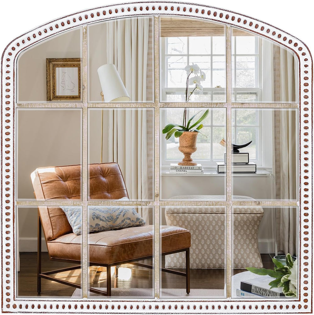 36x36 Inch Farmhouse Arched Window Mirror, Distressed Wooden Wall Mirrors