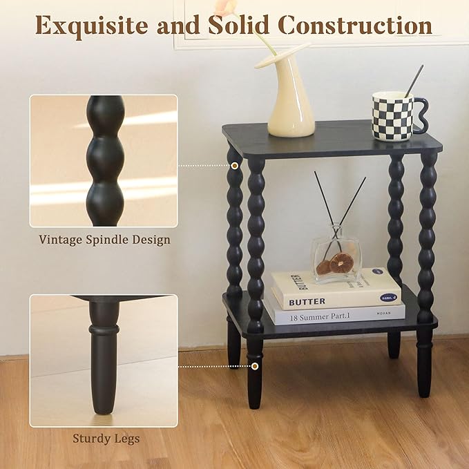 Black Side Table, Small End Table with 2-Tier Shelf, Vintage Night Stand with...