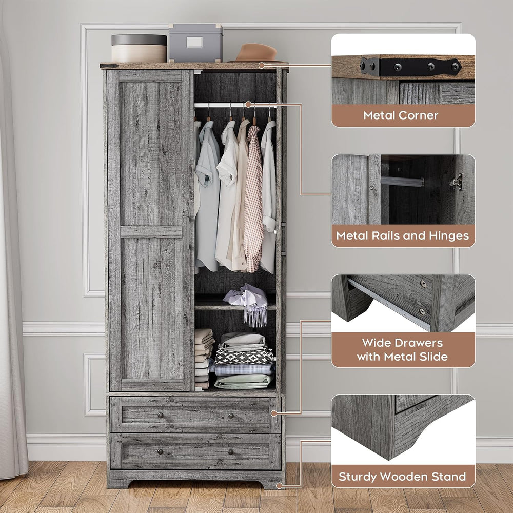 Brafab Wooden Armoire Wardrobe Closet with Drawers, Grey, Set of 3