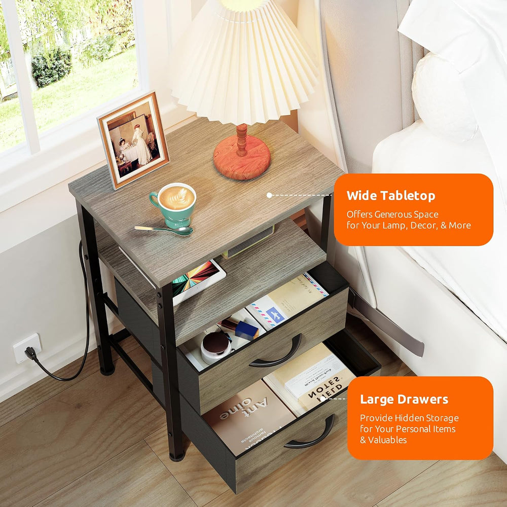 Lazzanto Night Stand with Charger Station, 2 Fabric Drawers, Grey | Nightstan...