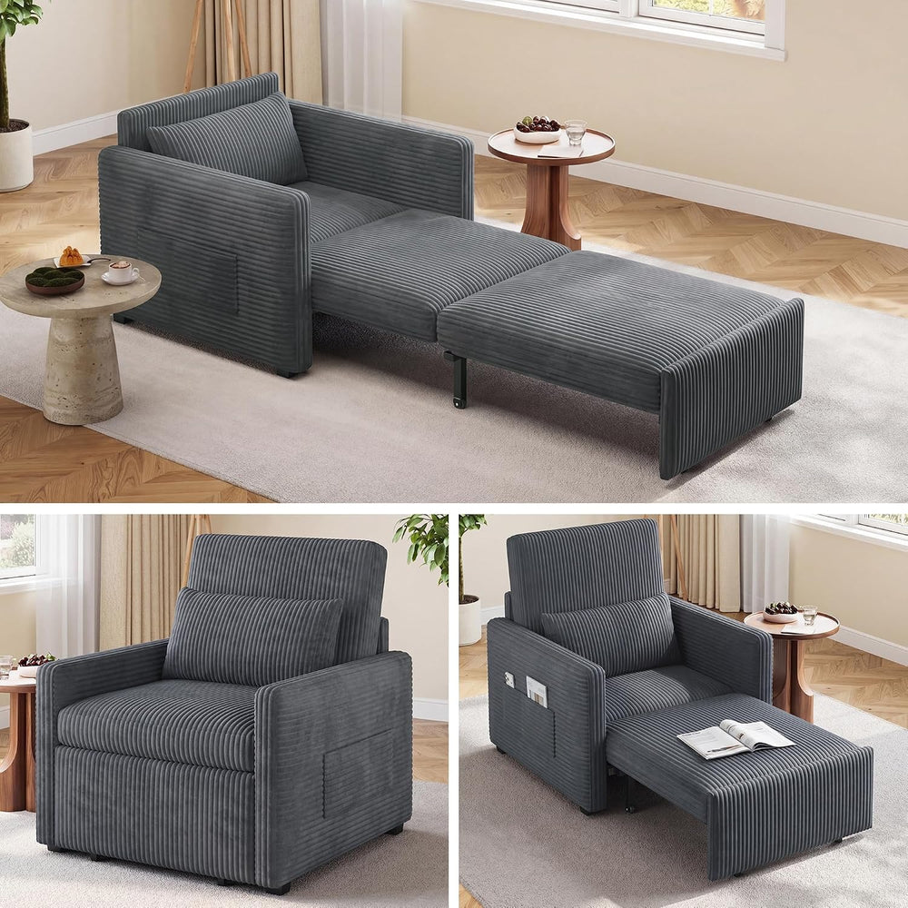 Ahomly 3 in 1 Pull Out Sleeper Chair, 75.2โ Corduroy Single Sofa, Dark Gray