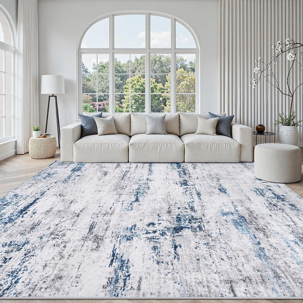 8x10 Area Rugs for Living Room Large Washable Abstract Rug White Gray Blue