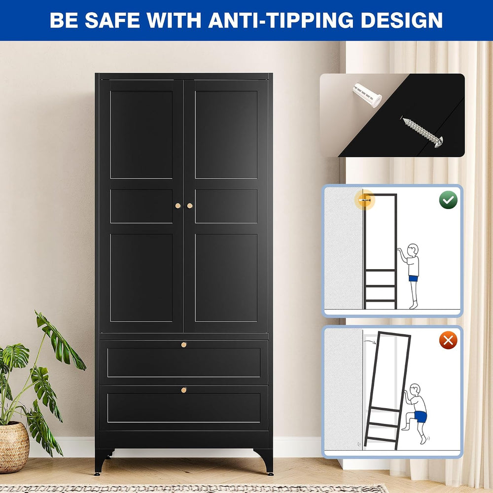 BYNSOE 71" Tall Metal Wardrobe Closet with 2 Drawers, Steel Armoire Cabi...