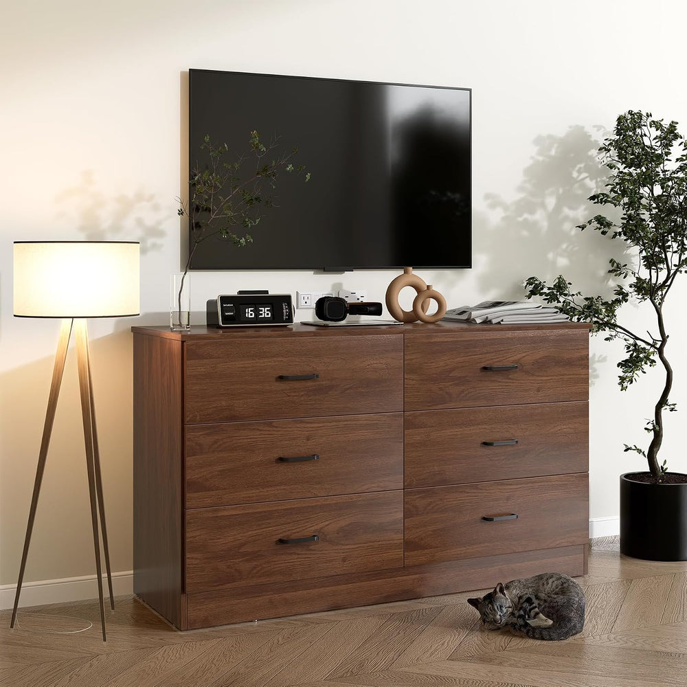 Bigbiglife Wood Dresser for Bedroom, 6 Drawer Double Dresser, Mid Century Mod...