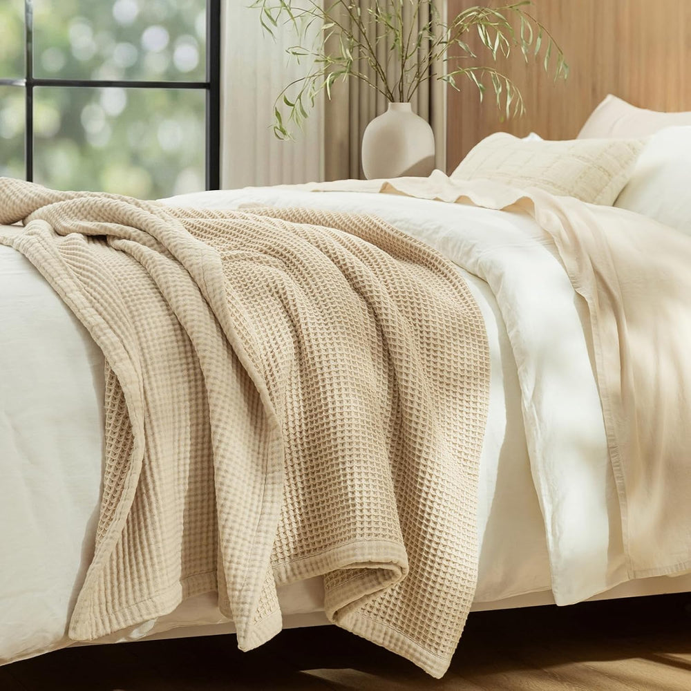 PHF 100% Cotton Waffle & Muslin Blanket Queen Size, 90" x 90", ...