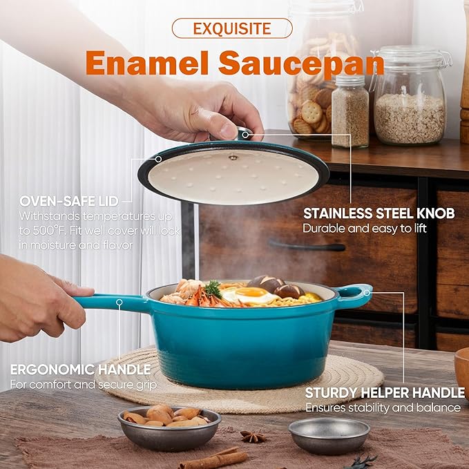 Homikit 3 Quart Saucepan with Lid, Enameled Cast Iron Saucepan