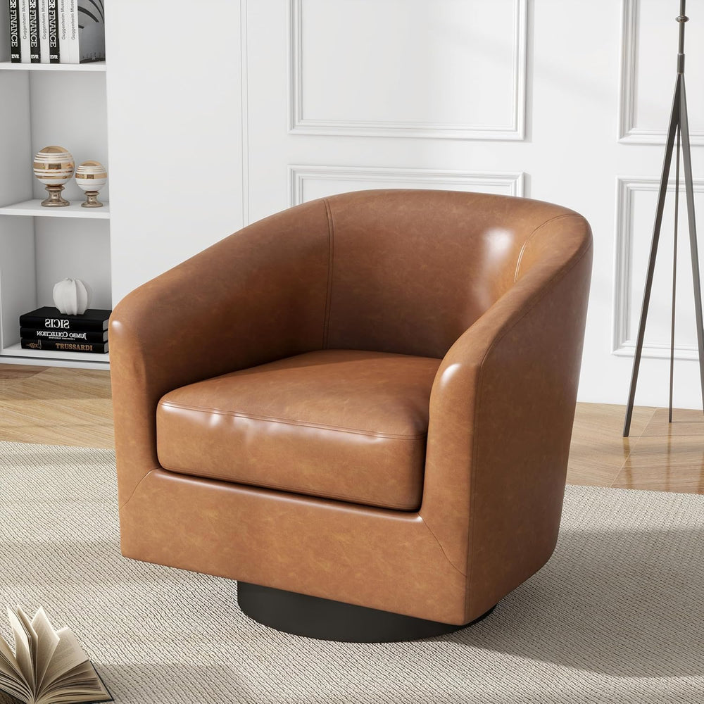 Faux Leather Swivel Accent Chairs Set of 2, Barrel Armchair, Brown
