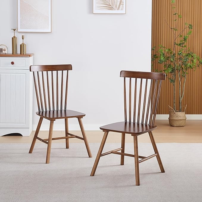 Walnut Solid Wood Windsor Dining Chairs Set of 2 with Spindle Back (Windsor-2...