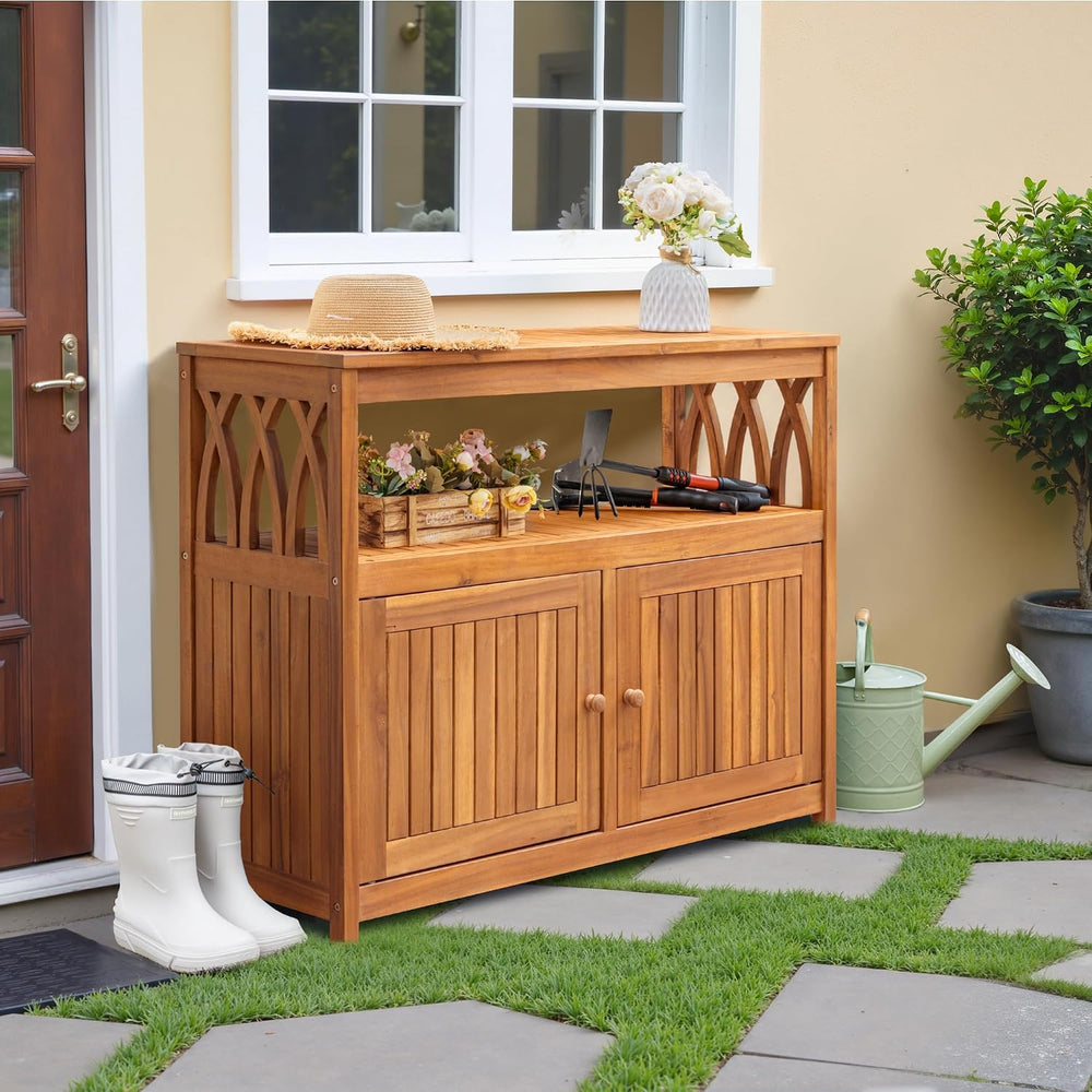 Devoko Acacia Wood Outdoor Storage Cabinet,Waterproof Potting Table, Brown