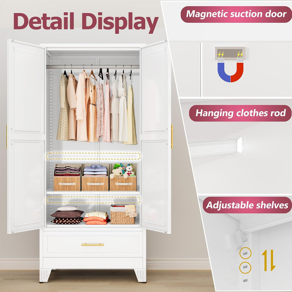 GAIOUS Metal Armoire Wardrobe Closet Cabinet with 2 Doors and Drawer, 71"