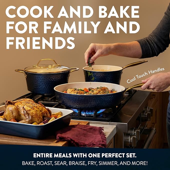 Gotham Steel Hammered 20Pcs Ceramic Cookware Set, Induction Pots and Pans Set