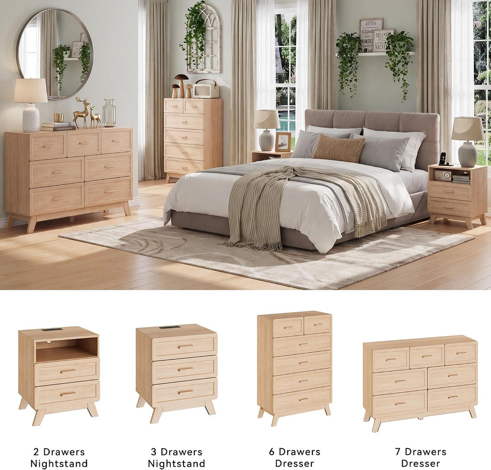 YANSNWO Natural Nightstand with Charging Station, 23.6" Tall Bedside Table