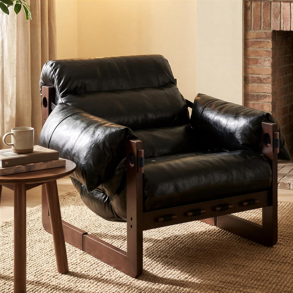 Faux Leather Accent Chair, Comfy Armchair for Living Room, Black