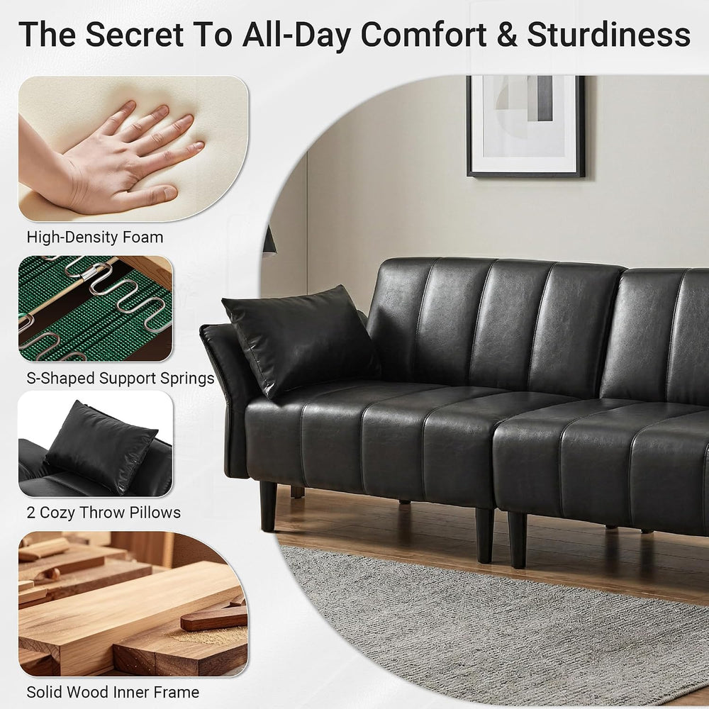 83" Mid Century Modern Futon Sofa Bed, Black Faux Leather Couch