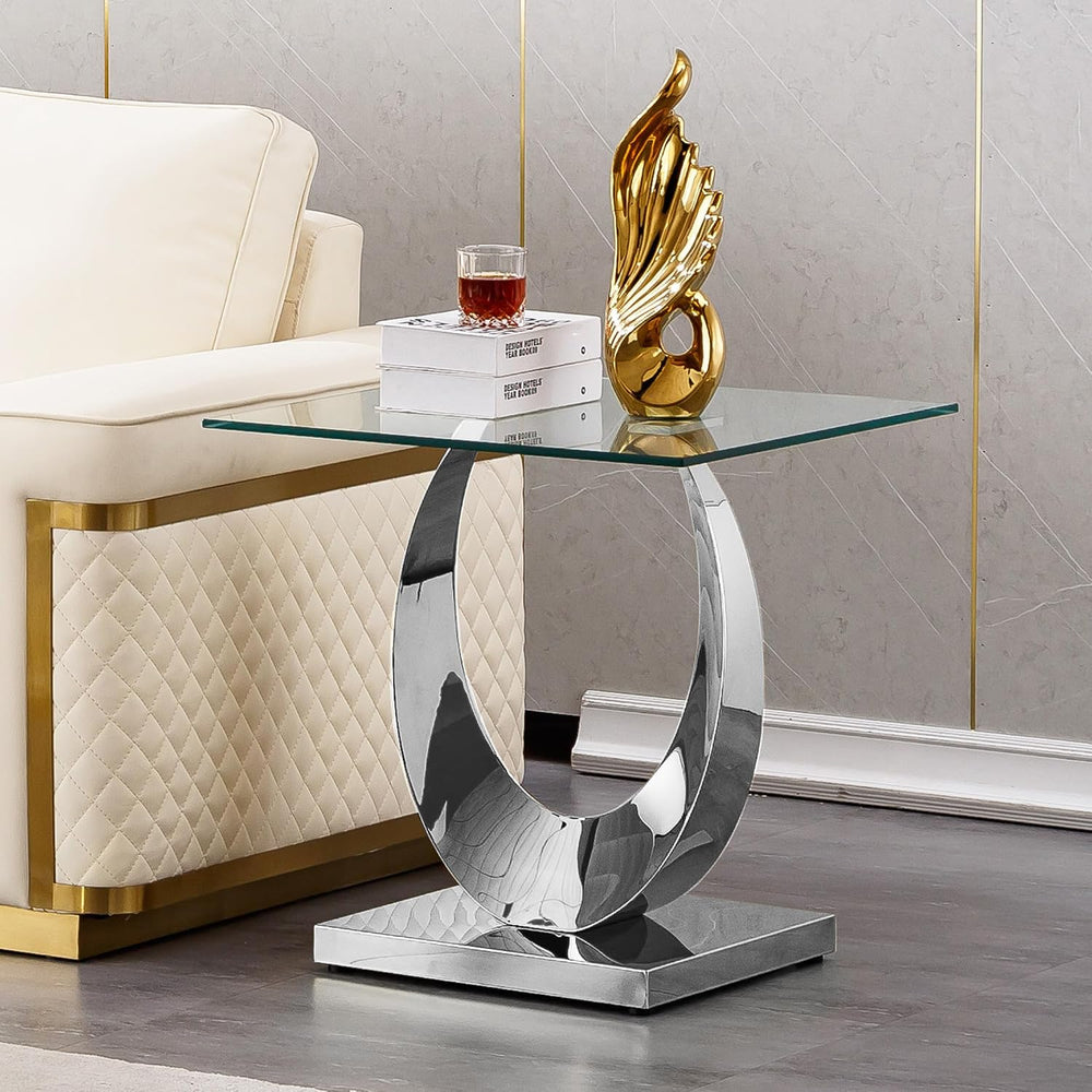 Modern Square End Table for Living Room, Tempered Glass Top & Moon Shape ...