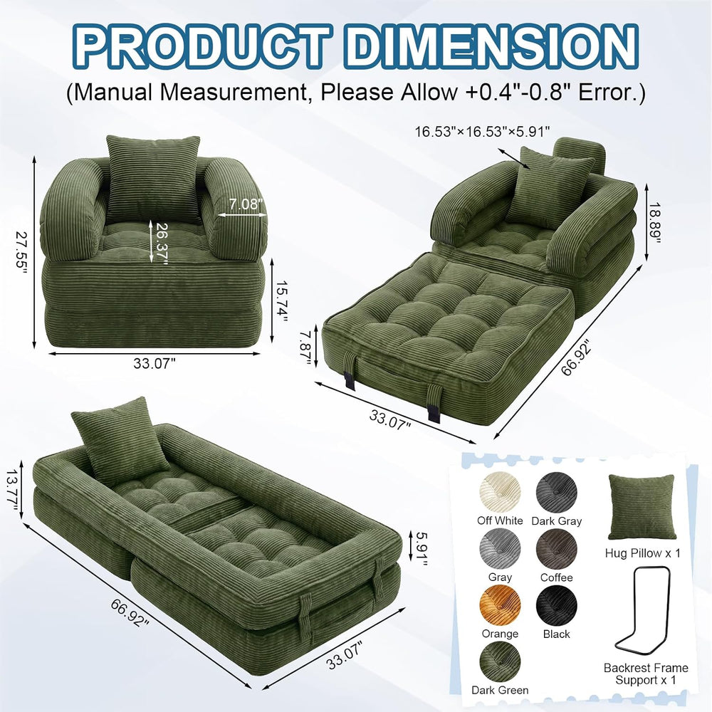 Convertible Sofa Bed, 3-in-1 Folding Sleeper Chair Bed with Pillow