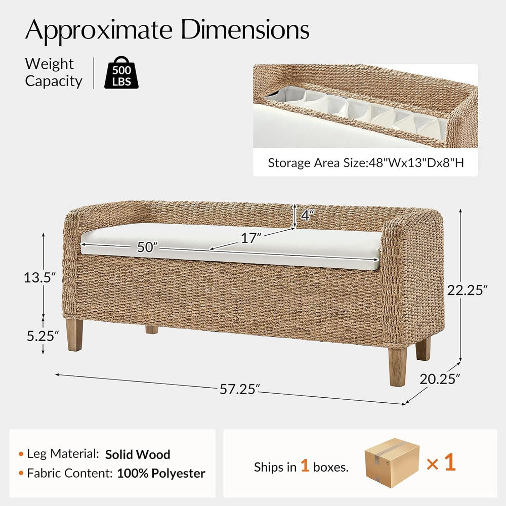 HULALA HOME 57" Rattan Storage Bench, Boho Wicker Bedroom Bench, Natural