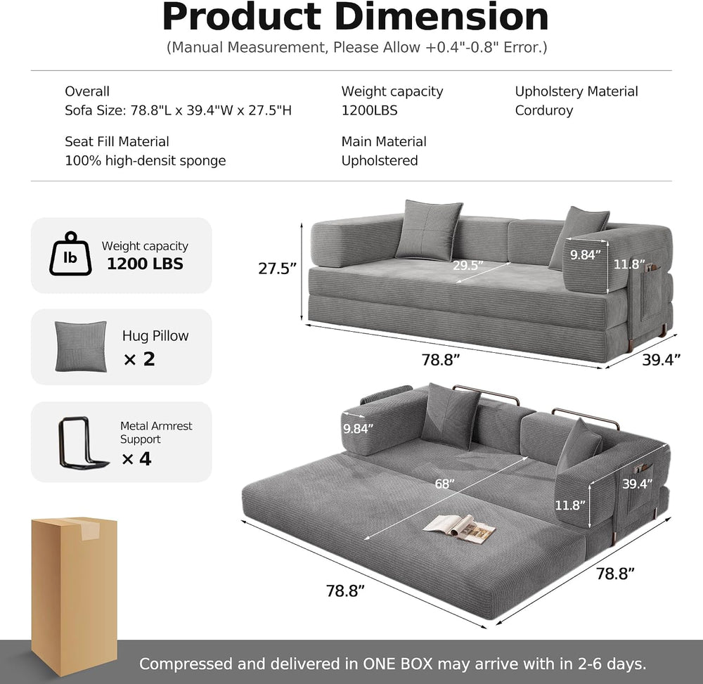 77" Convertible Futon Sofa Bed, Boneless Floor Couch for Living Room