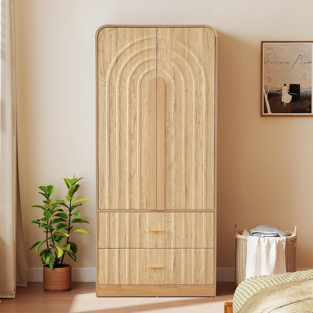 ORRD Freestanding Armoire Wardrobe Closet with Arched Fluted 2 Doors and 2 St...