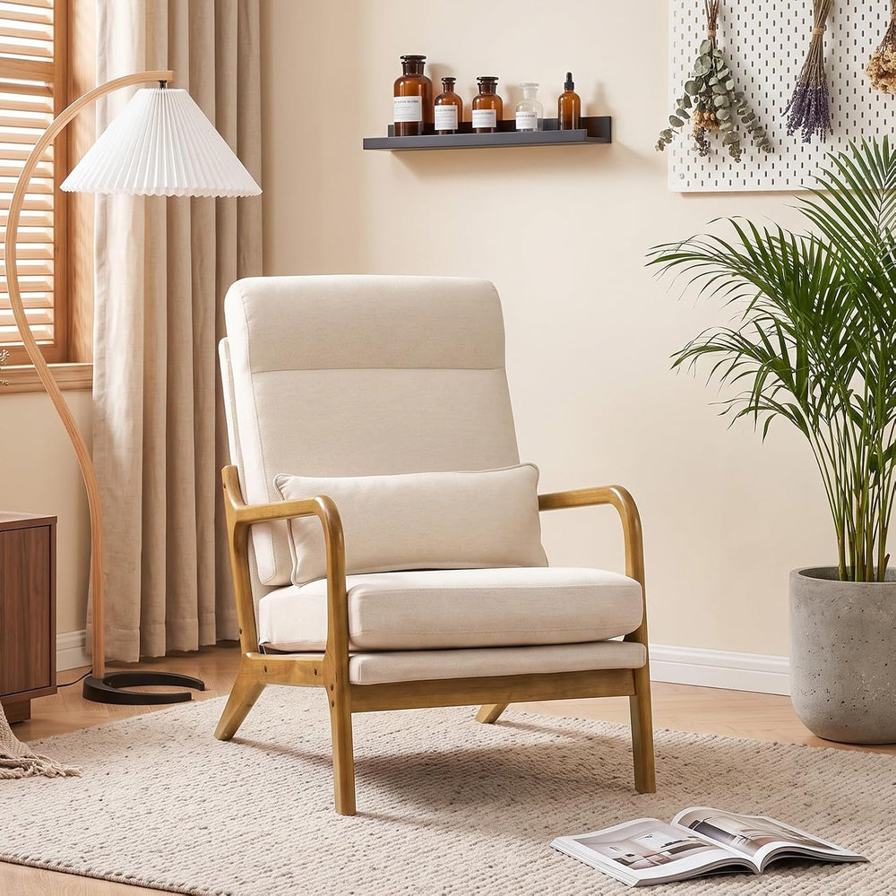 Bonnlo High Back Linen Beige Mid Century Modern Accent Chair, Soild Wood Padd...