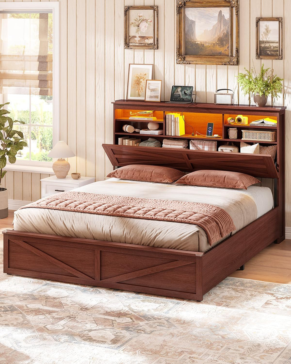 AOGLLATI Farmhouse Full Size Bed Frame with Lift Up Storage,Brown