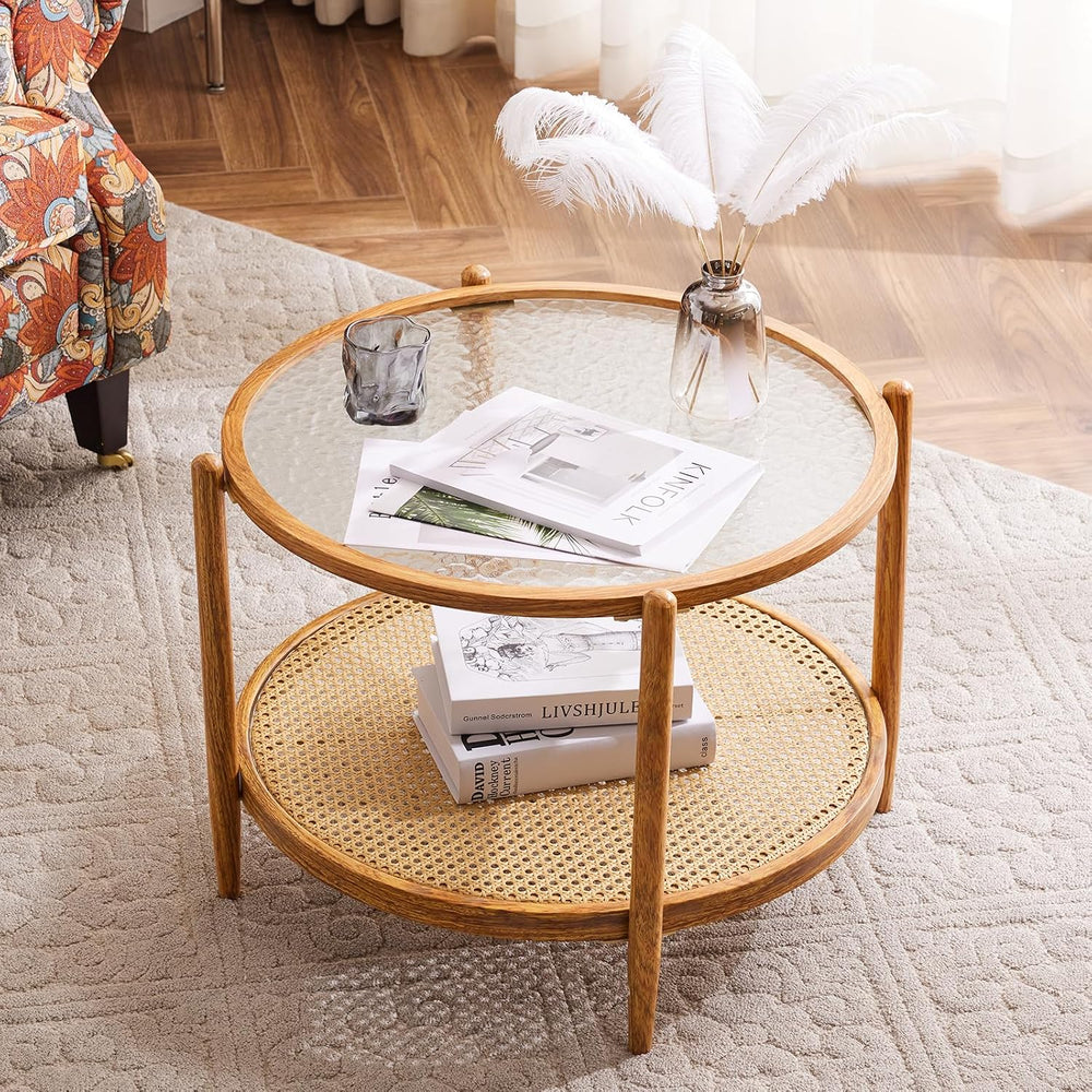 VINGLI 25.6" Round Glass Coffee Table, Rattan Coffee Table, Natural Vibe