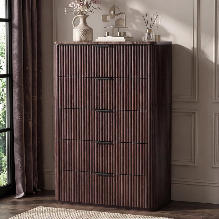 30"W Fluted Dresser for Bedroom, Tall Dresser with 5 Drawer, Dark Oak