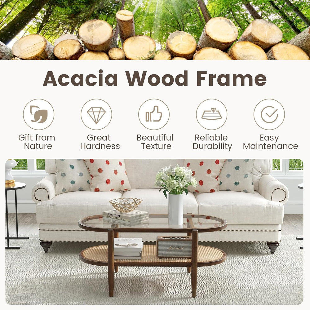 Tangkula Rattan Coffee Table, 40”L Boho Oval Acacia Wood Cocktail Table with ...