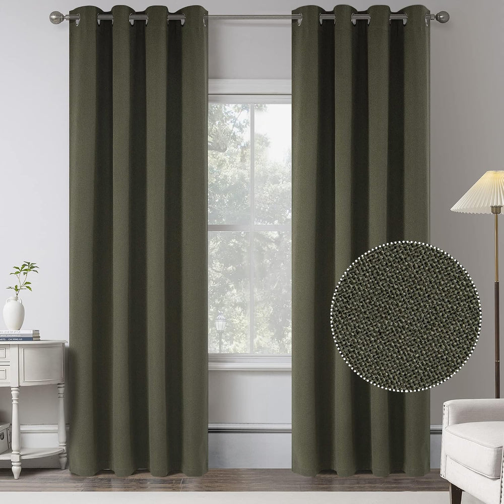 Dark Olive Green Linen 100% Blackout Curtains 84 Inches Long for Bedroom - 2 ...