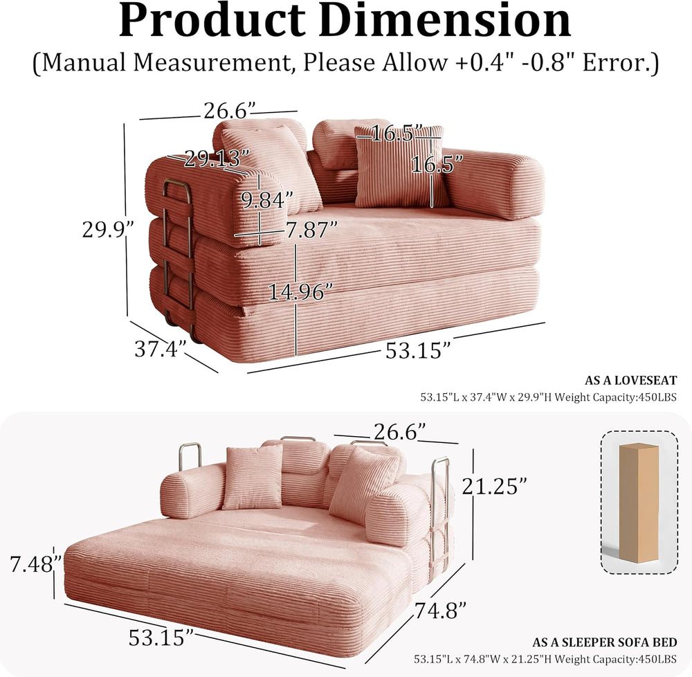 Convertible Sofa Couch Bed, 53.14"Folding Corduroy Floor Compression Lov...