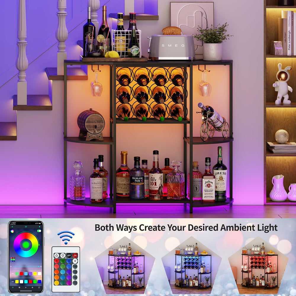 JKsmart Wine Bar Cabinet with LED Lights, Mini Wine Bar Cart with Storage and...